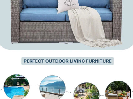 2 Piece Patio Loveseat Set With Thick Cushions, Outdoor Sectional Sofa For Balcony - Blue / Brown