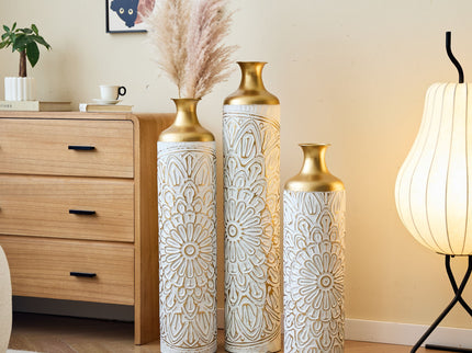 3 Piece Home Decoration Large Glazed Floor Vase Decoration Home Droplet Shaped - Gold / White