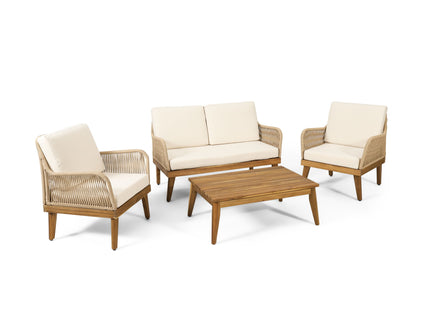 Hueber - Outdoor And Rope 4 Seater Chat Set With Cushions - Teak