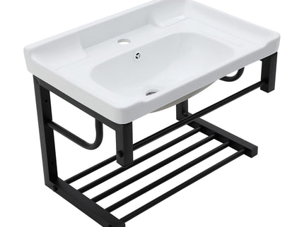 Wall Mounted Rectangular Bathroom Sink With Towel Bar & Overflow - White