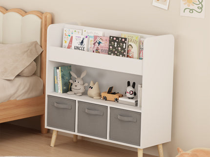 Bookshelf With 3 Bins, Storage Shelf For Toys And Books - White