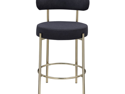 Modern Sherpa Counter Height Stools, Uphsoltered Seat Height Barstools With Brushed Brass Metal Legs Round Low Back Kitchen Stools With Footrest For Dining Room (Set of 2)