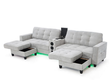 Modern Sectional Sofa U-Shaped With Movable Ottomans, tooth Speakers, LED Lights And Modular Storage