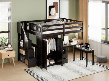 Loft Bed With Stairs, Bookshelf, Drawers, Desk & Wardrobe, Space Saving Multifunctional Furniture