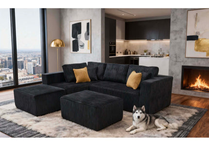Upholstered Sectional With 2 Moveable Ottomans - Black