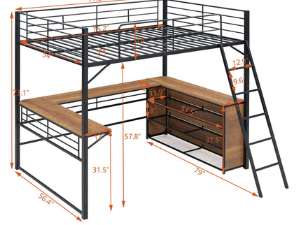 Full Size Loft Bed With 3 Layers Of Shelves And L-Shaped Desk - Black