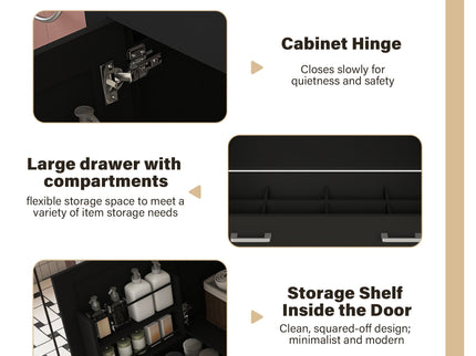 Bathroom Vanity Set, Fluted Cabinet, Soft Close Doors & Drawers, 3 Faucet Holes, Sink Included - Black