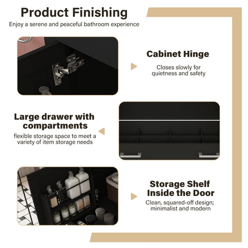Bathroom Vanity Set, Fluted Cabinet, Soft Close Doors & Drawers, 3 Faucet Holes, Sink Included - Black
