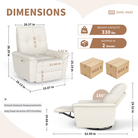 270° Power Swivel Rocker Recliner Chair With Phone Holder, Electric Glider Reclining Sofa With USB Ports For Living Room Bedroom - Beige