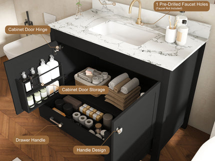 Bathroom Vanity Set, Fluted Cabinet, Soft Close Doors & Drawers, Single Faucet Hole, Sink Included - Black