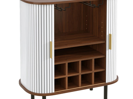 Fluted Wine Bar Cabinet With 8 Grid Wine Rack, 5 Level Adjustable Shelves, 2 Glass Holders