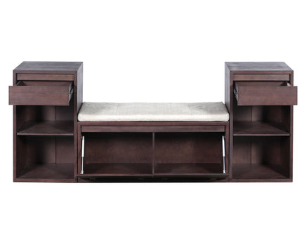 Entryway Storage Bench With Cushion, Drawers & Open Shelves