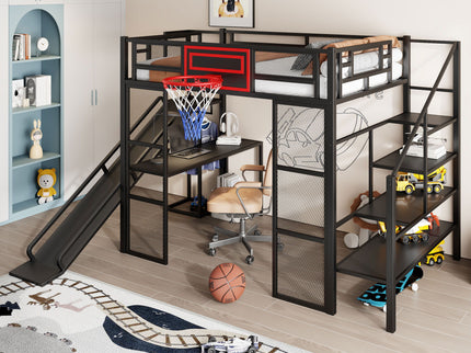 Loft Bed With Built In Desk, Open Wardrobe, Basketball Hoop, Slide And Staircase