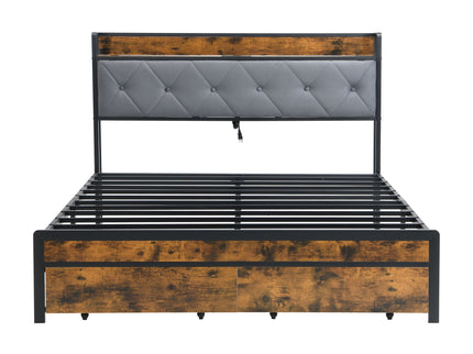 Modern Bed Frame With LED Lights, Upholstered Headboard, USB Charging