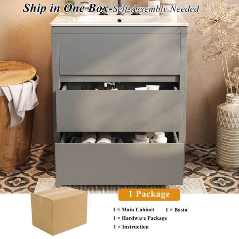 Freestanding Bathroom Vanity With Ceramic Sink, 2 Full Extension Drawers