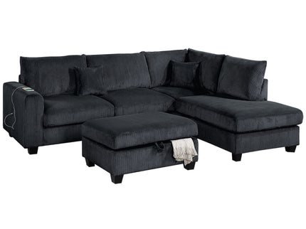 Modern Style Sectional Set With USB Port, Storage Ottoman