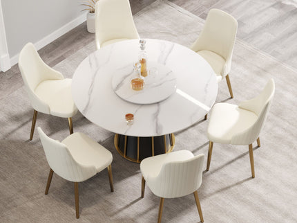 53.15" Modern Artificial Stone Round Panel Metal Iron Base Dining Table, Can Accommodate 6 People-23.62" Artificial Stone Turntable (Not Including Chairs) - White / Black