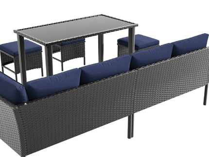 7 Piece Outdoor Furniture Set With Waterproof Cushions, Glass Table, And Space Saving Design - Blue