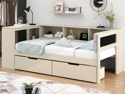 Upholstered Headboard Platform Bed With Storage Shelves, Drawers, Charging Station