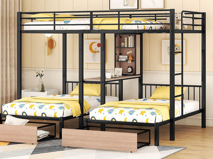 Triple Bunk Bed With Drawers, Multi-Functional Frame With Desks And Shelves In The Middle