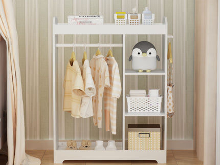 Dress Up Storage With Mirror And Hooks, Clothes Rack With Hanging Rod, 3 Side Hooks, Open Shelves, Top Shelf Organizer - White