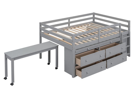 Loft Bed With Retractable Writing Desk And 4 Drawers, With Lateral Portable Desk And Shelves
