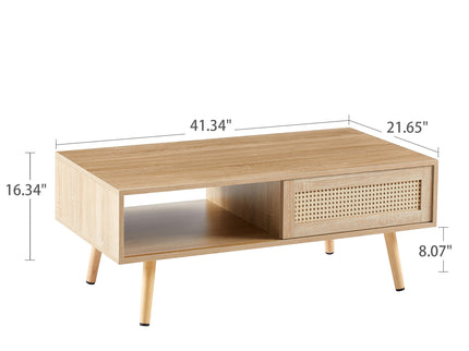 41.34" Rattan Coffee Table, Sliding Door For Storage, Solid Wood Legs, Modern Table For Living Room