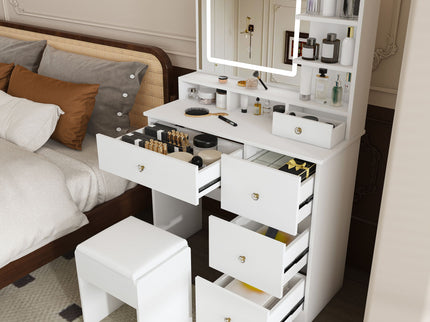 Vanity Desk With Mirror, 3 Color Lighting And Stool