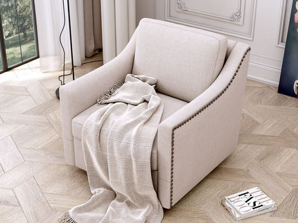 360 Degree Swivel Armchair, Skin Friendly Fabric, Ergonomic Design, Brass Nail Decorative Armchair