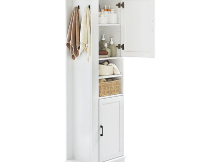 Tall Freestanding Bathroom Storage Cabinet With Adjustable Shelves And Side Hooks Board, Rectangle Design