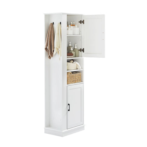 Tall Freestanding Bathroom Storage Cabinet With Adjustable Shelves And Side Hooks Board, Rectangle Design