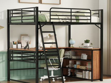 Full Size Loft Bed With 3 Layers Of Shelves And L-Shaped Desk - Black