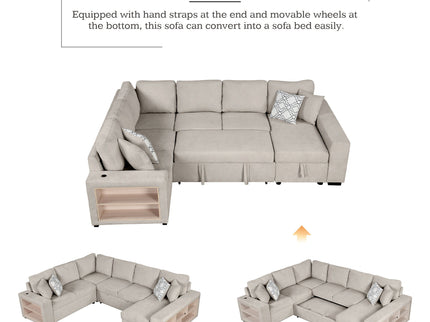 U-Shaped Sectional Sofa Pull-Out Sofa Bed With Two USB Ports, A Storage Chaise Lounge And Four Back Pillows For Living Room