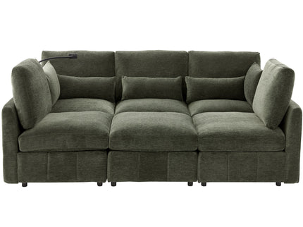 Modern Modular U-Shaped Sofa Bed With Movable Ottoman, USB Ports, Phone Holder
