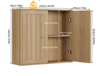 Wall Mounted Bathroom Cabinet With Double Doors And Vertical Grooved Design For Bathrooms - Oak