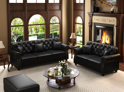 Upholstered Sofa With Nailhead Trim, Rolled Armrests With Ottoman