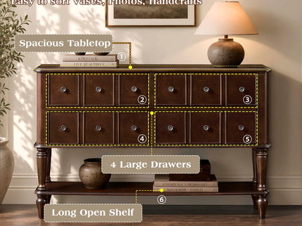 Console Table, Entryway Sofa Table With 4 Storage Drawers And Open Shelf - Espresso