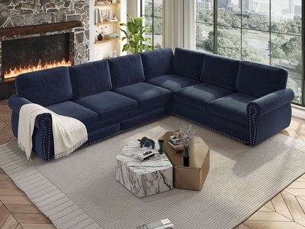 L-Shaped Sofa Couch With Pull Out Bed With Nailhead Trim & Rolled Arm