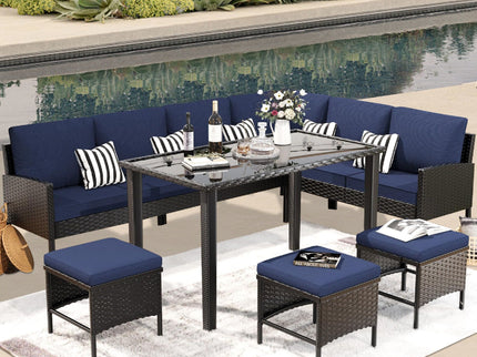 7 Piece Outdoor Furniture Set With Waterproof Cushions, Glass Table, And Space Saving Design - Blue