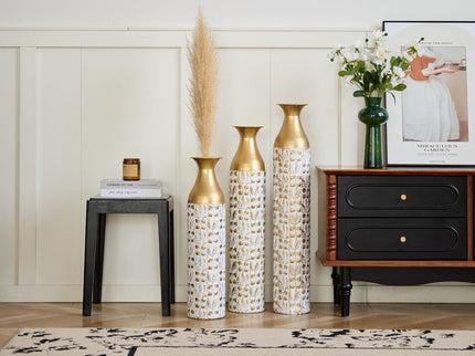 Mother's Day Gift Set Gilded White 3D Relief Flower Metal Vase Set - White / Gold