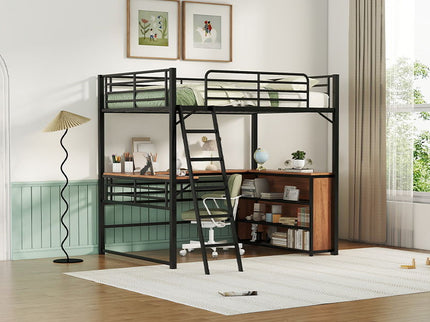 Full Size Loft Bed With 3 Layers Of Shelves And L-Shaped Desk - Black