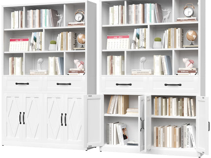Bookcase Tall With 2 Doors & 2 Drawers, Fixed Open Shelves - White