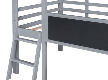 Loft House Bed With Ladder And Slide, With board And Light Strip On The Roof