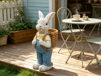 Simulated Couple Rabbit Statue Flower Pot Ornament, Resin Garden Sculpture Decor - Blue / White