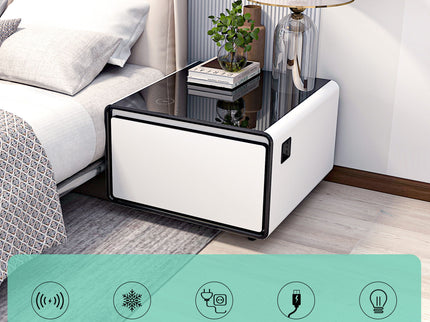 Modern Smart Side Table With Built-In Fridge, Wireless Charging, Temperature Control, Power Socket, USB Ports, Outlet Protection, Induction Light