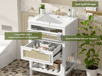 Modern Bathroom Vanity With Integrated Sink, Cabinet With 1 Deep Drawer And 1 Tip-Out Drawer