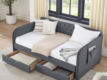 Daybed With Trundle And Storage Drawers, Flat Arms With Pocket