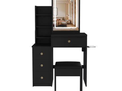 Vanity Desk With 3 LED Lighting Modes, 4 Drawers, Open Shelves, Hair Dryer Holder & Power Socket Dressing Table Set With Chair - Black