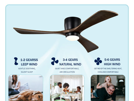 Flush Mount Blades Ceiling Fan With Lights Remote Control, Quiet DC Motor, 6 Speed, Reversible Ceiling Fan For Living Room - Matte Black