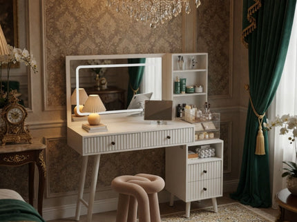 Fluted Vanity Desk With Lighted Mirror & Outlet 4 Drawer, Makeup Table - White
